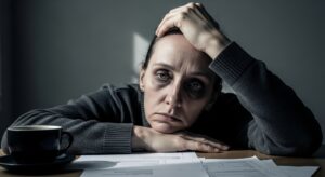 Retrato expressivo de uma mulher com sinais severos de exaustão e burnout. Ela está apoiada sobre uma mesa com documentos e uma xícara de café, apresentando olheiras profundas e escuras, olhar vago e a mão na cabeça, simbolizando fadiga crônica, estresse ocupacional e depressão.
